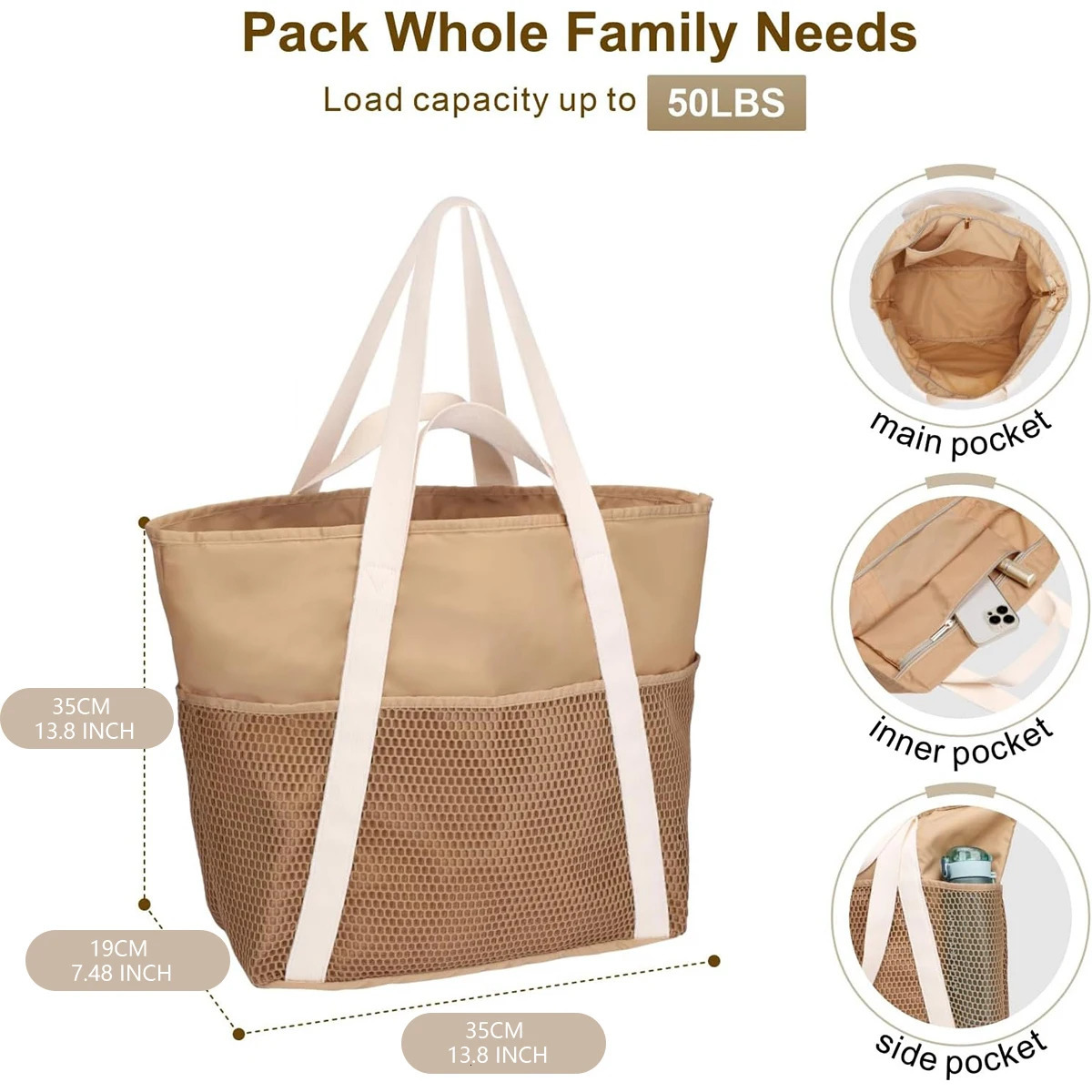 travel tote bagBeach bag sand-proof foldable handbag with zippered mesh pocket daily vacation essentials 250701