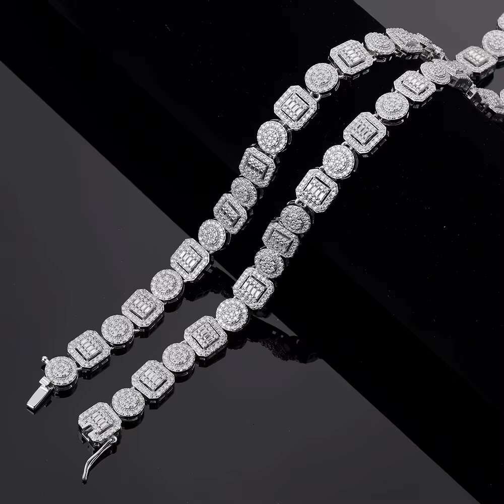 European and American Hip Hop Round Square Diamond Baguette Gold Plated Cz Zircon Cuban Link Chain S925 Silver Jewelry Necklace