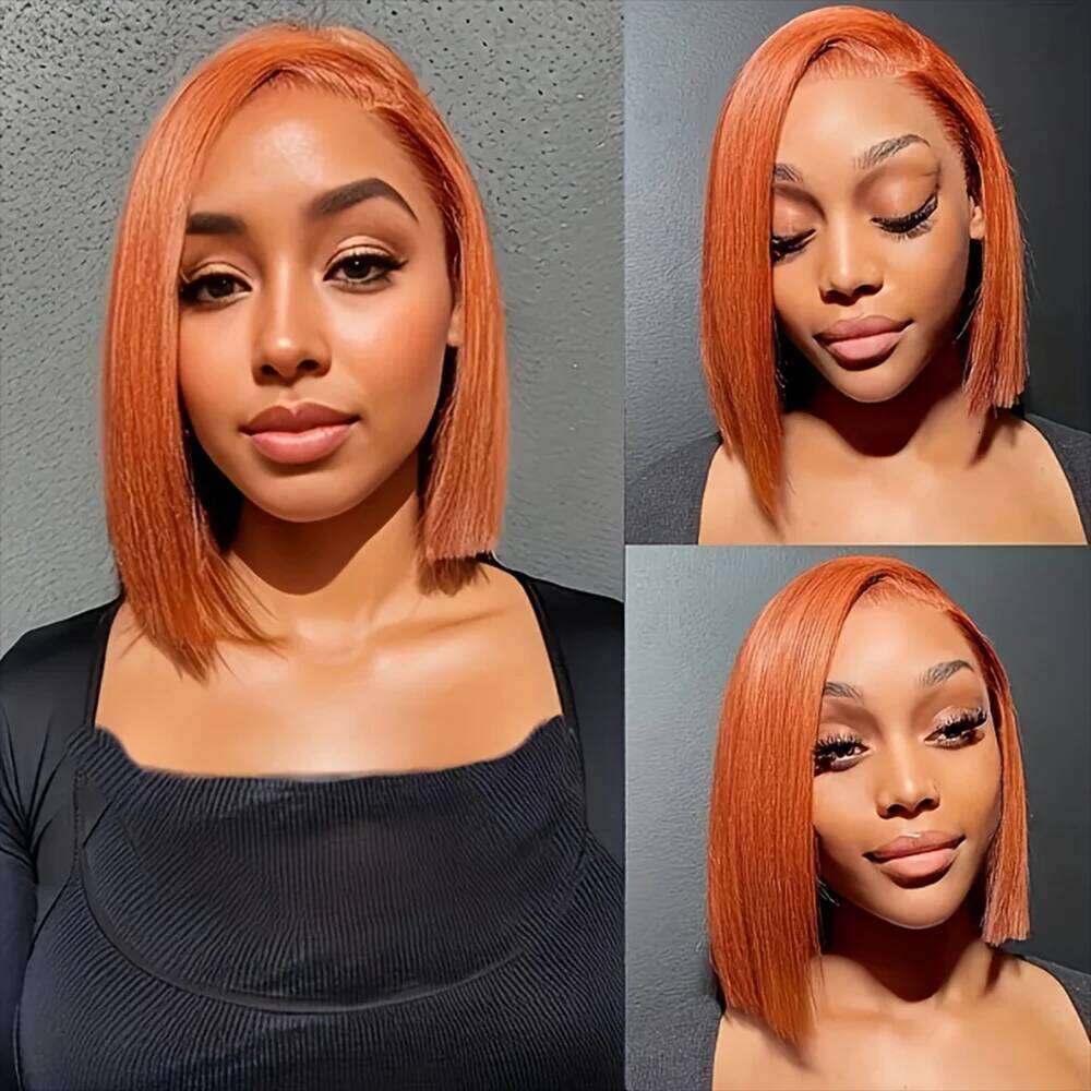 350 Ginger Orange Short Bob Straight Front Human 13x4 HD Lace Frontal Wig 200 Density Brazilian Hair Wigs