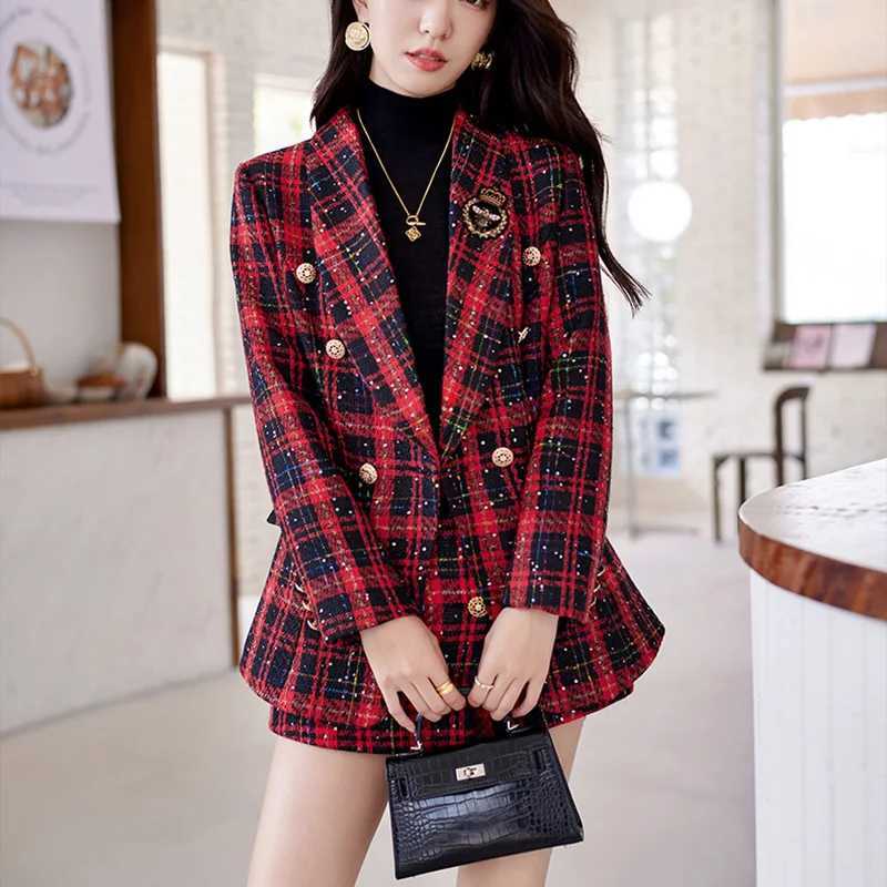 ZJYT Elegant Plaid Twd Blazer Shorts Suits Autumn Winter Outfits for Women 2 Piece Business Chic Office Matching Set Plus Size X250704