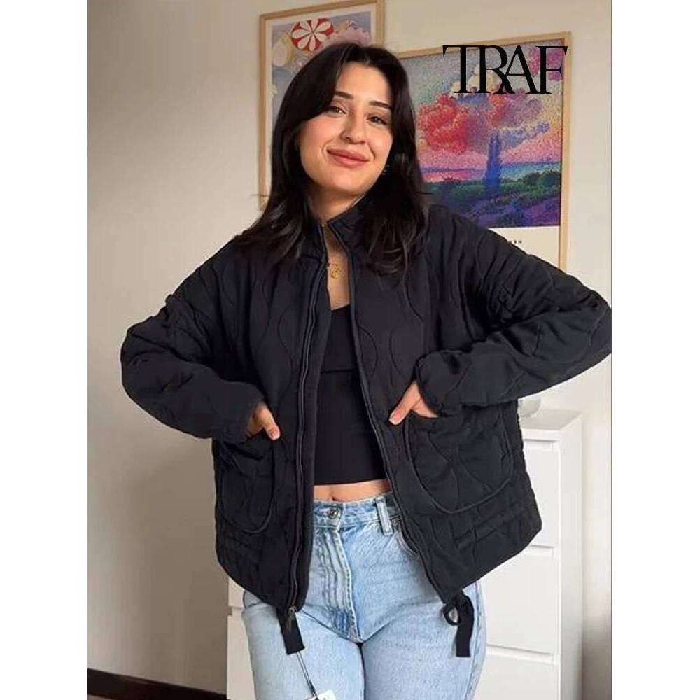 TRAF Women's Fashion Dia Plaid Cotton Winter Warm Pocket Vintage Casual Loose Long Sleeve Zipper Street Jacket 250704