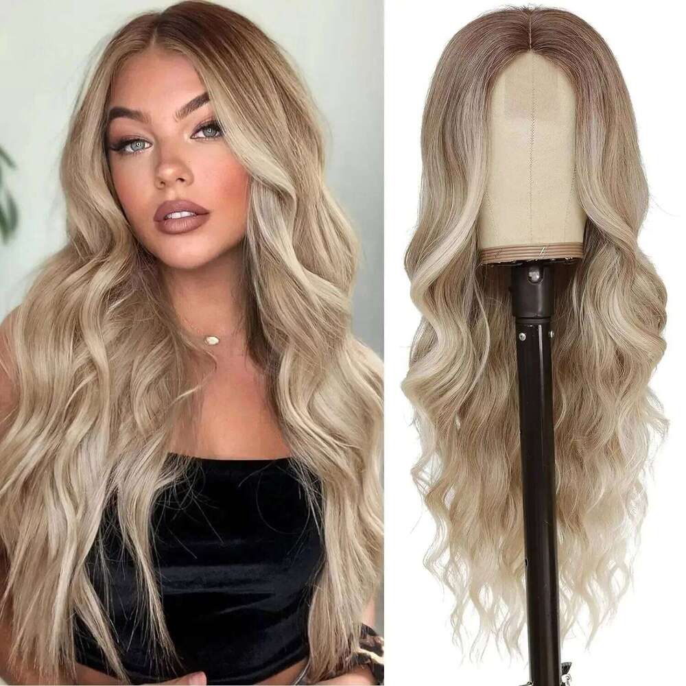 Synthetic Long Lace Matte Silk Ombre Platinum Blonde Wavy Wig Women 26 Inch Curly Middle Part Extension for Daily