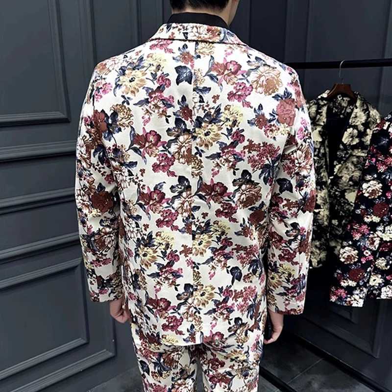 Navy Blu Mens 2-Piece Printed Suit Single Button V-Collar Cotton Jacket with Trousers Asian Fit M-5XL All-Season Wear X250704
