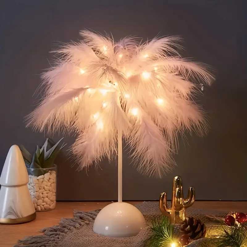 LED Feather Table Lamp Warm White Light Tree Feather Night Light Girl LED Wedding Decorative Lights Birthday Gift Home Decor NewXJ250703