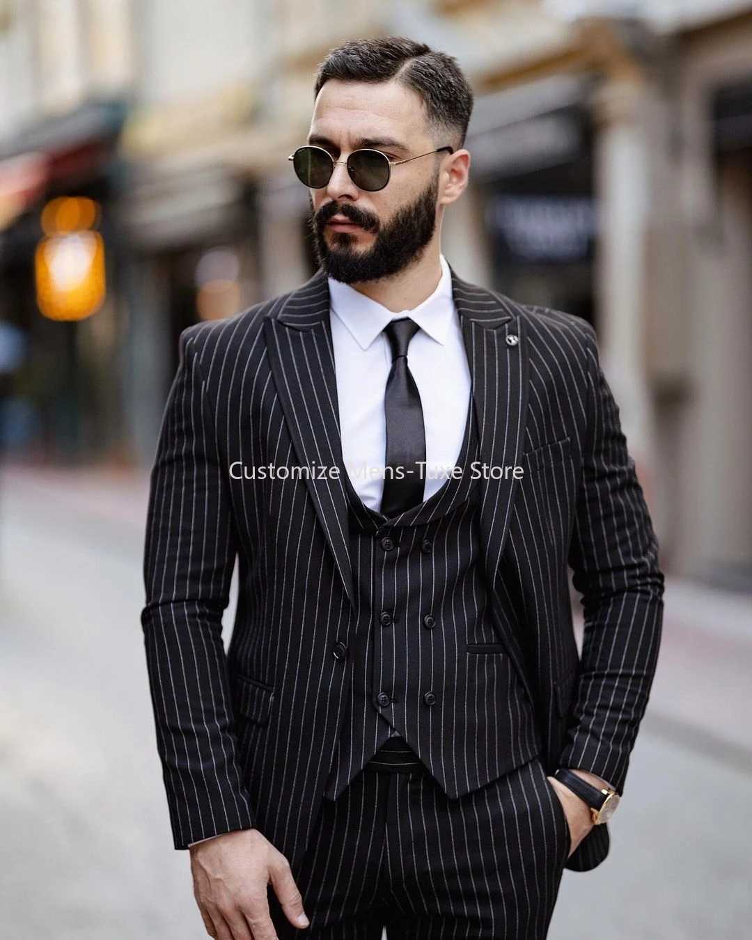 igh Quality Black Pinstripe Men Suits Single Breasted Peak Lapel Formal Wedding with Piece Jacket Pants Vest Slim Fit Blazer Set X250704