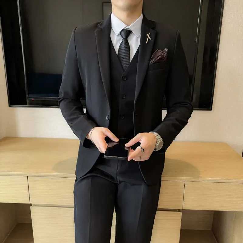 Black Mens Office/Interview Suit 3 Piece Fashion Slim Fit Jackets and Vest with Trousers Asian Size Gray Men Sets X250704