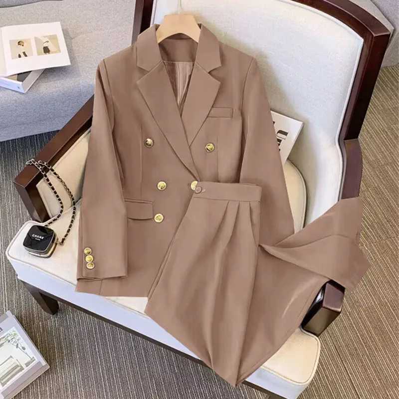 Suit Khaki Office Double-breasted Womens New Long-slved Suit Jacket High-waisted Straight Pants Suit X250704
