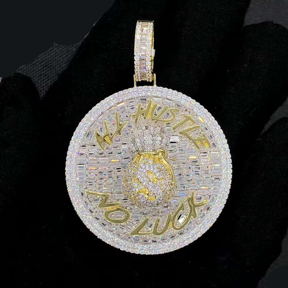 All Hustle No Luck Hip Hop Pendant Iced Out Bling Moissanite vvs1 Geometric Round Pendant Money Bag Necklace