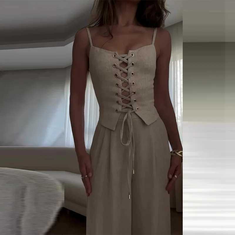 Women Two Piece Sets Pant Set Sling Slveless Sexy Hollow Out Sheath Short Tops Wide Leg Long Pants Casual Elegant Splice X250704