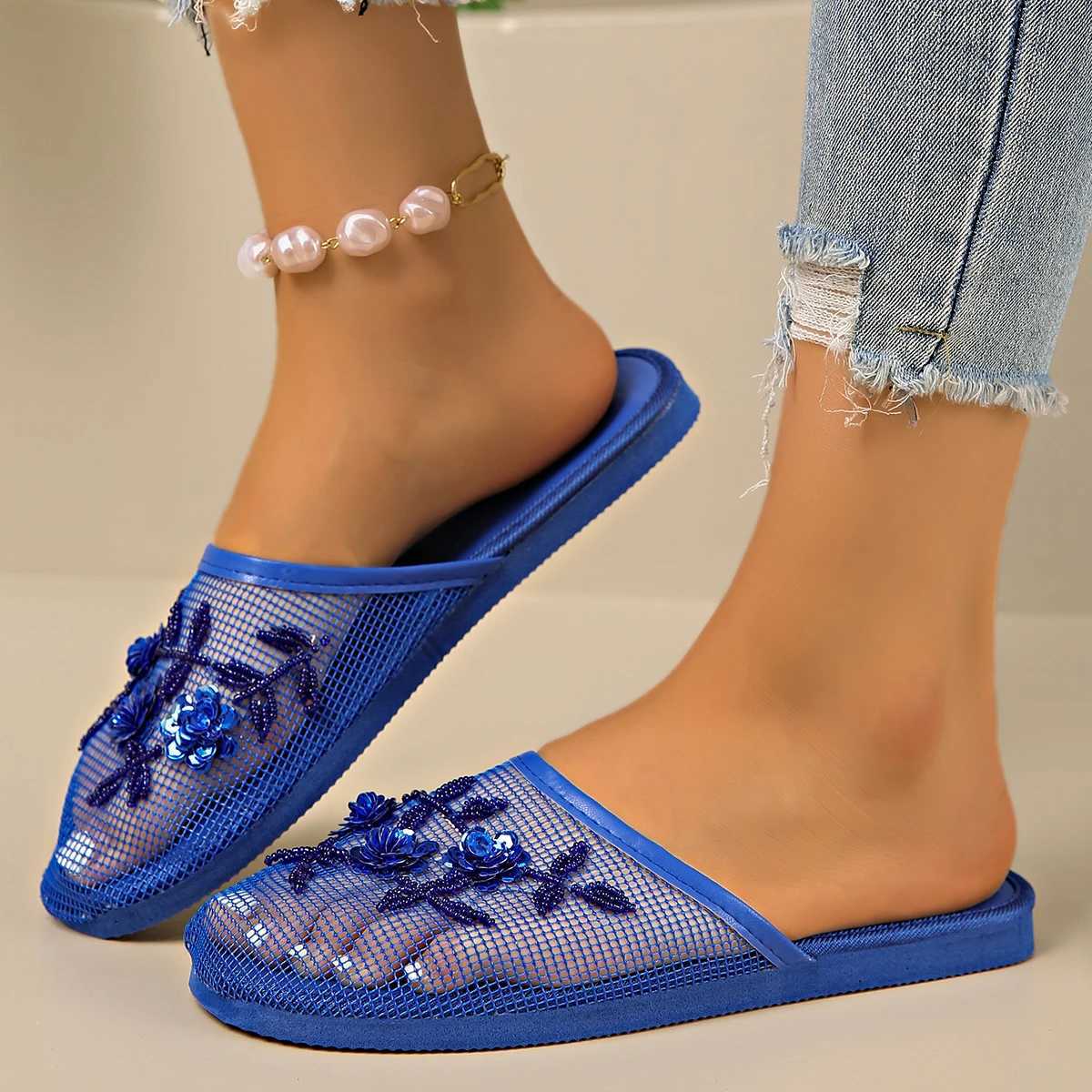 2025 Hot Sale Shoes for Women Baotou Womens Slippers Fashion Crystal Floral Daily Slippers Women New Mesh Flat Slippers Zapatos W250704