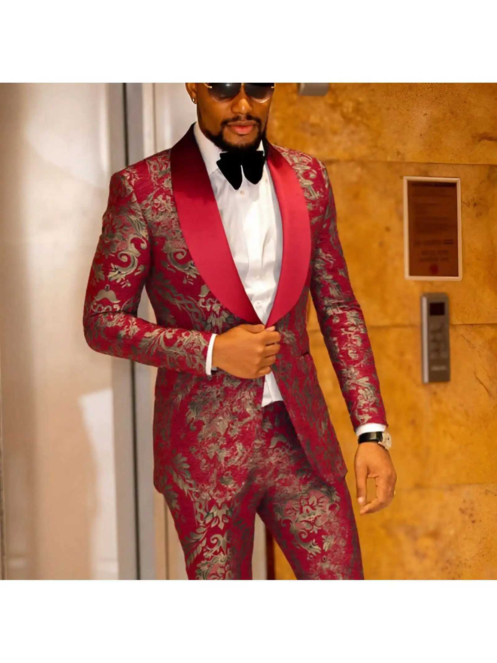 Mens Suit Jacquard Slim Fit 2-Piece Shawl Lapel Tuxedo Wedding Party Prom Suit Set X250704