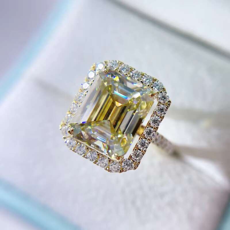 Classic Design Emerald Cut Yellow Canary Gold Moissanite Engagement Ring 10K Solid Gold