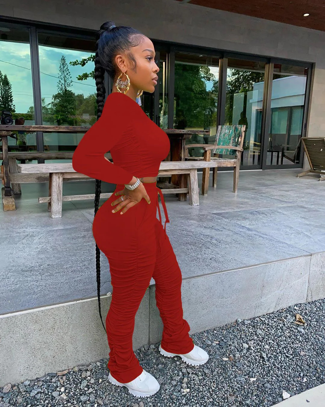 Ladies Tear Stacked Sportswear Sexy Autumn and Winter TwoPiece Set with Exposed Navel TopStacked Pants Set 250704