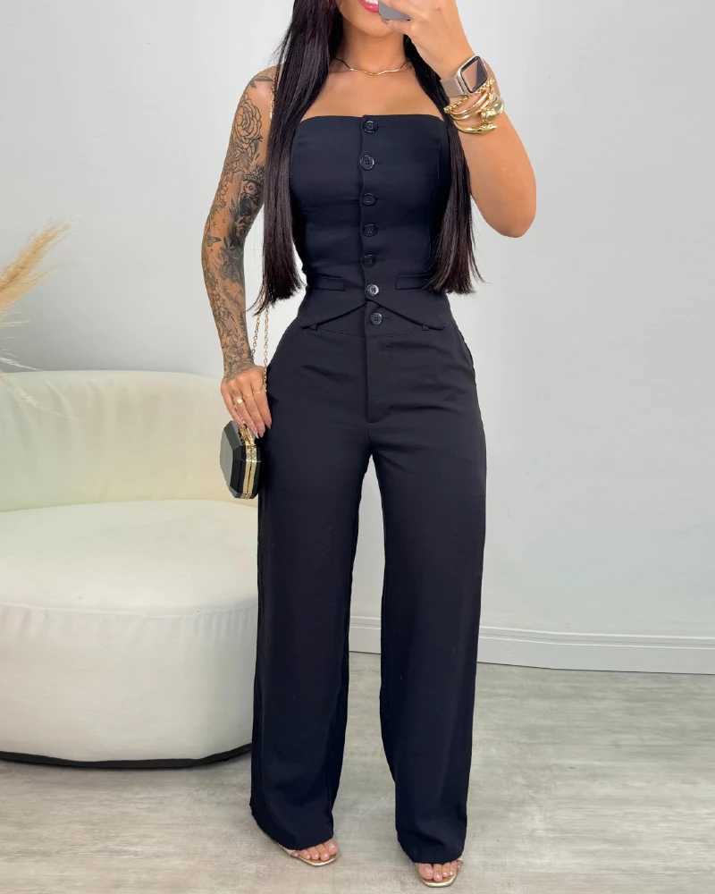 Summer Solid Color 2-Piece Strapless Single Breasted Decorative Vest Top and Casual Wide Leg Pants Set for Womens Elegance X250704