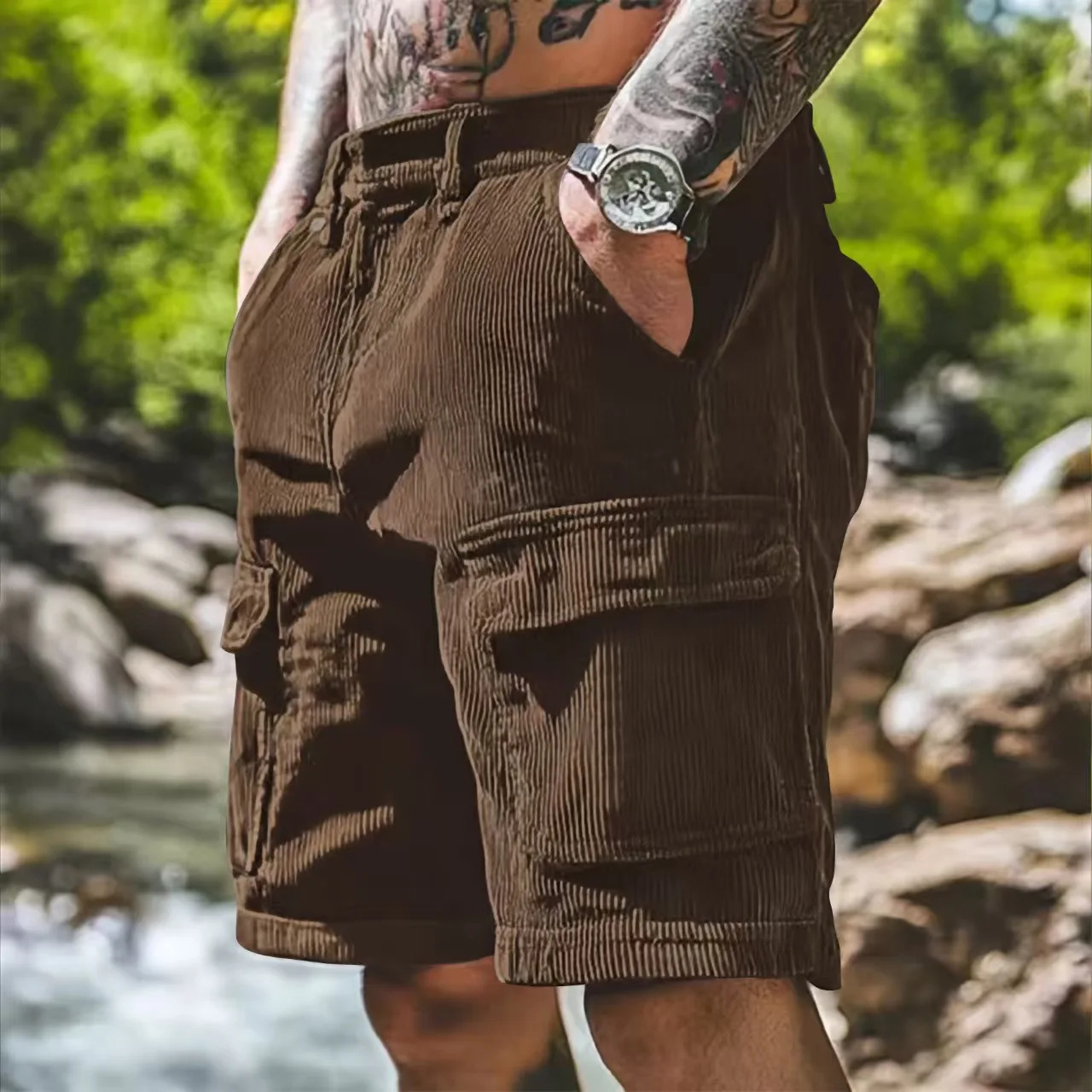Summer Trendy Loose Straight Corduroy Shorts For Men Casual Solid Color Cargo Pants Fashion Patchwork Pockets Short 250704