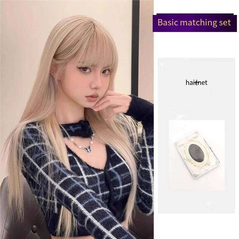 Blonde Synthetic Wig Women Show White Natural Age Reduction Bangs Soft All-Match Style Long Straight Hair Full Head Cover