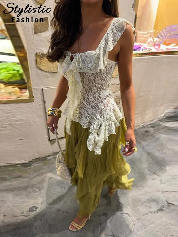 Elegant Ruffle Skirt Sets Women Sexy Lace Sleeveless See Through Tops A Line Cascading Long Skirts 2025 Summer Chic Lady Outfits 250704