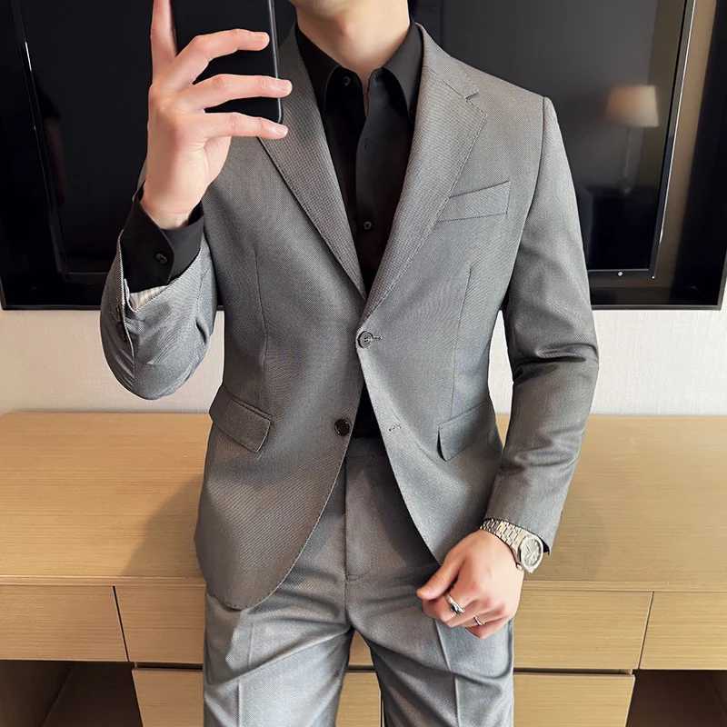 Mens birds eye pattern high-end craftsmanship summer thin suit set two-piece wedding banquet business casual suit X250704