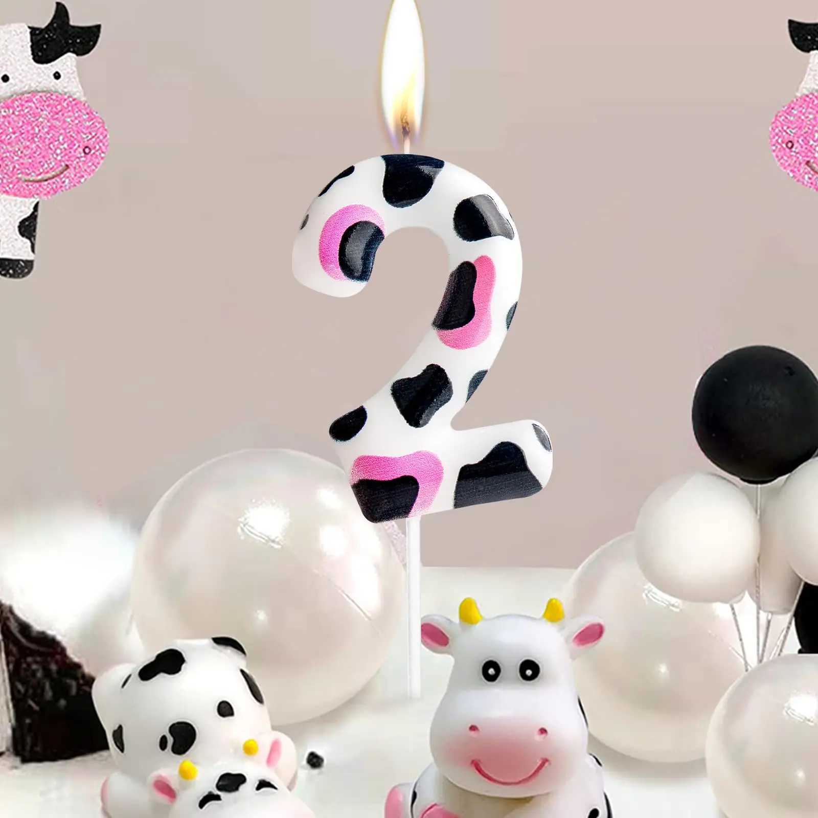 1-3rd Birthday Candle Cow Decoration Birthday Party Supplies Birthday Pink White Cow Themed Cake for Kids Boy Girl Party W250704