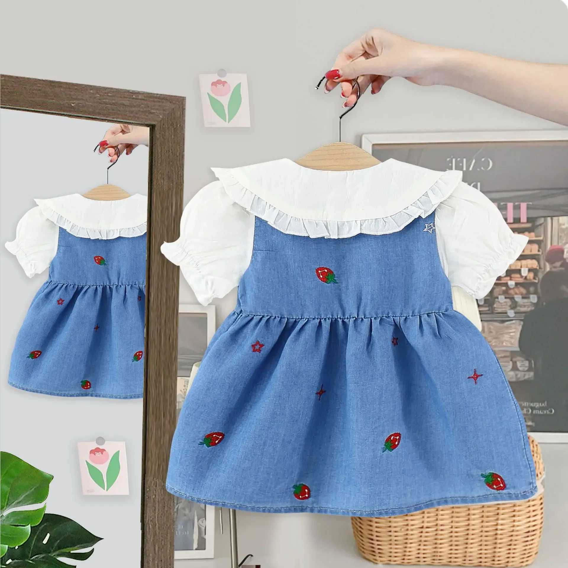 Childrens Summer Dress for Baby Girls New Korean Version Strawberry Collar Short Sleeve Denim Skirt Girls Casual Skirt R250704