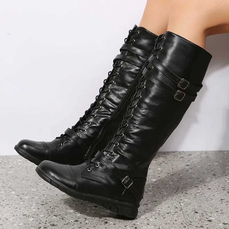 Winter Boots for Women 2023 Combat Cowboy Knee High Long Leather Platform Shoes Black Gothic New Rock Punk Solid Womens Boots Z250704