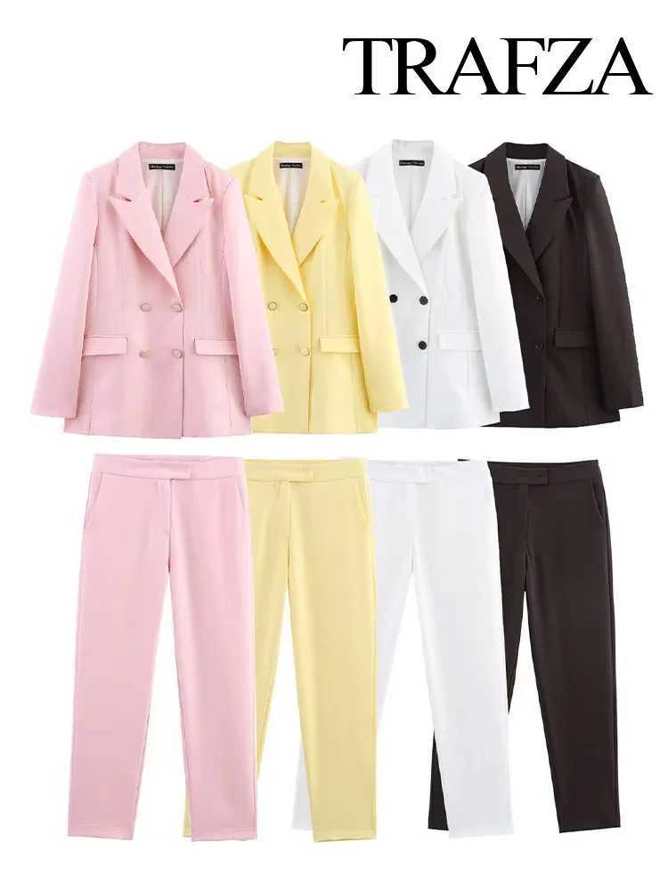 TRAFZA Women New Fashion Blazer Suit Lapel Double-Breasted Pocket Casual Coat+Chic High Waist Loose Zipper Slim Long Pants Suit X250704