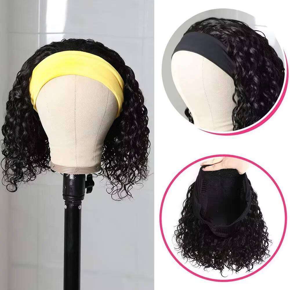 Short Headband Wigs For Women Brazilian Remy Curly Bob Human Hair Wig Lace No Glue Easy To Wear 14 Inches 150%