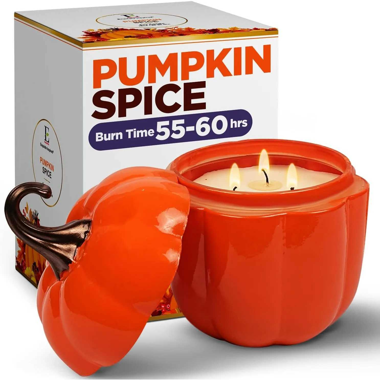 Pumpkin Spice Candle - 55 Hours Burn - 16 oz Large Soy Candle with 3-Wicks - Fall Scented in The Shape of a Pumpkin W250704