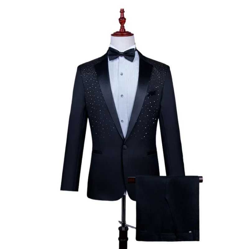 2025 New Black and White Hot Diamond Suits for Men 2-piece Male Group Chorus/Singer Host/Anchor Dress Performance MC Blazer+Pant X250704