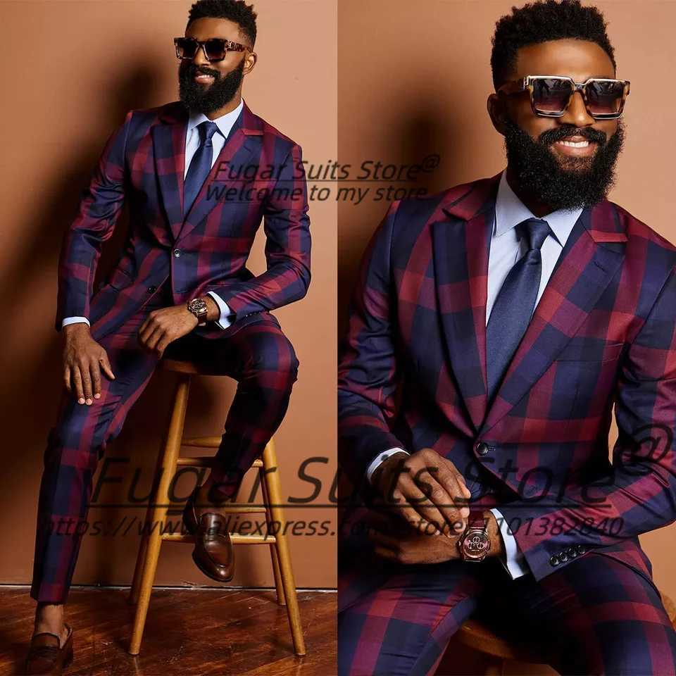 Fashion Plaid Prom Suits For Men Slim Fit Notched Lapel Groom Tuxedos 2 Pieces Sets Male Casual Blazers Handsome Mens Clothing X250704