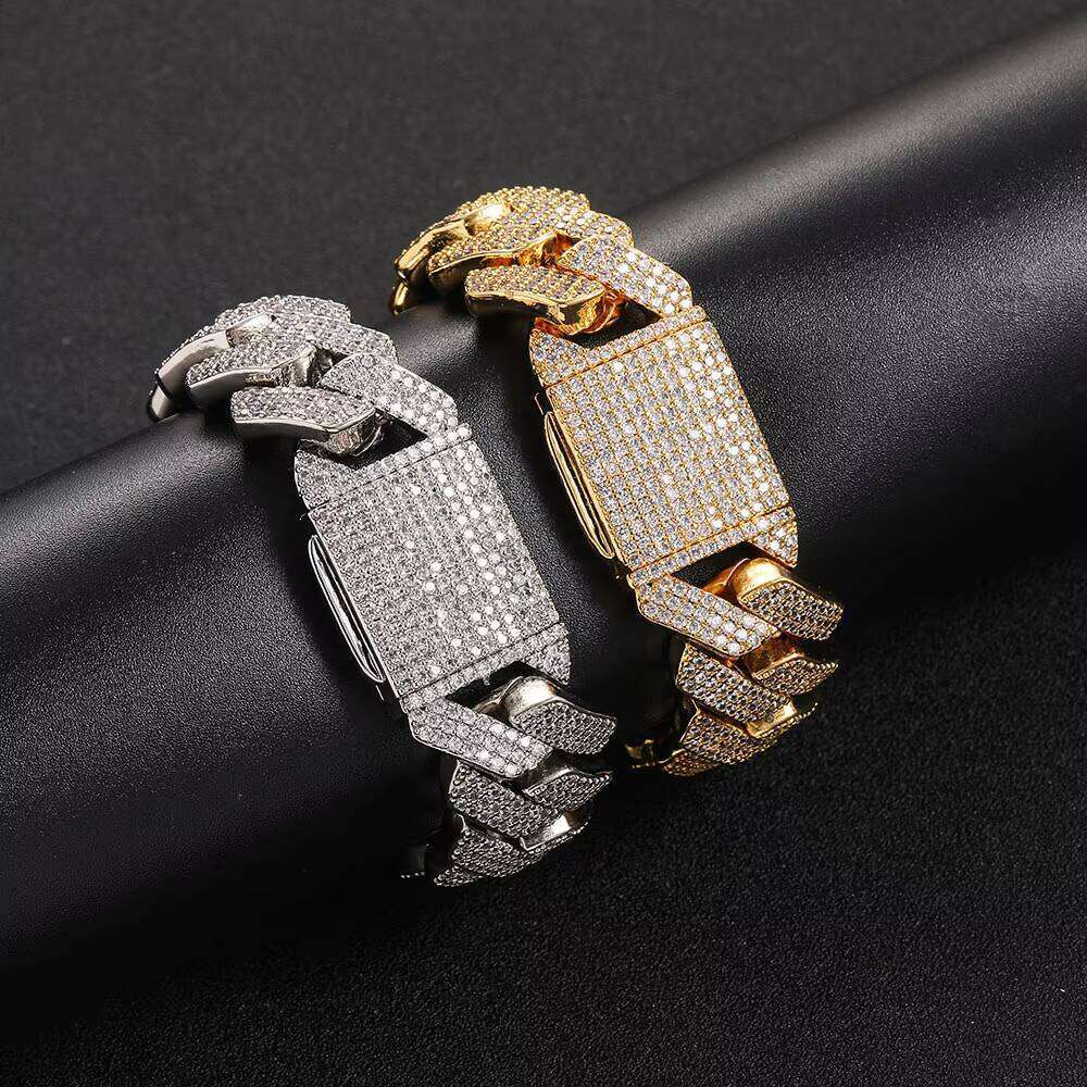 High Quality 20mm Gold Plated Iced Out Chains Hip Hop Jewelry Men Bling Cubic Zirconia Prong Cuban Link Bracelet for Women