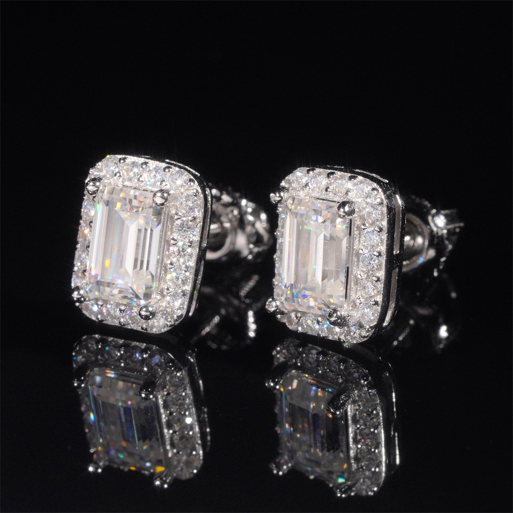 New Arrival Hip Hop Design Iced Out Emerald Cut Moissanite Stud Earrings Men Fine Sterling Silver Earrings Jewelry