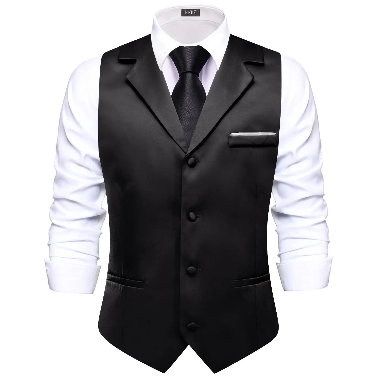 HiTie Solid Black Vneck Men Vest With Tie Jacquard Tuxedo Dress Waistcoat Adjustable Jacket Casual Business Party Fashion 250704