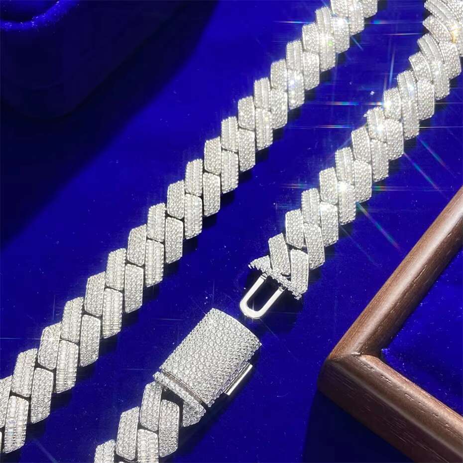 10MM Cuban Link Sterling Silver Gold Moissanite Baguette Custom Carved Cuban Link Chain Necklace