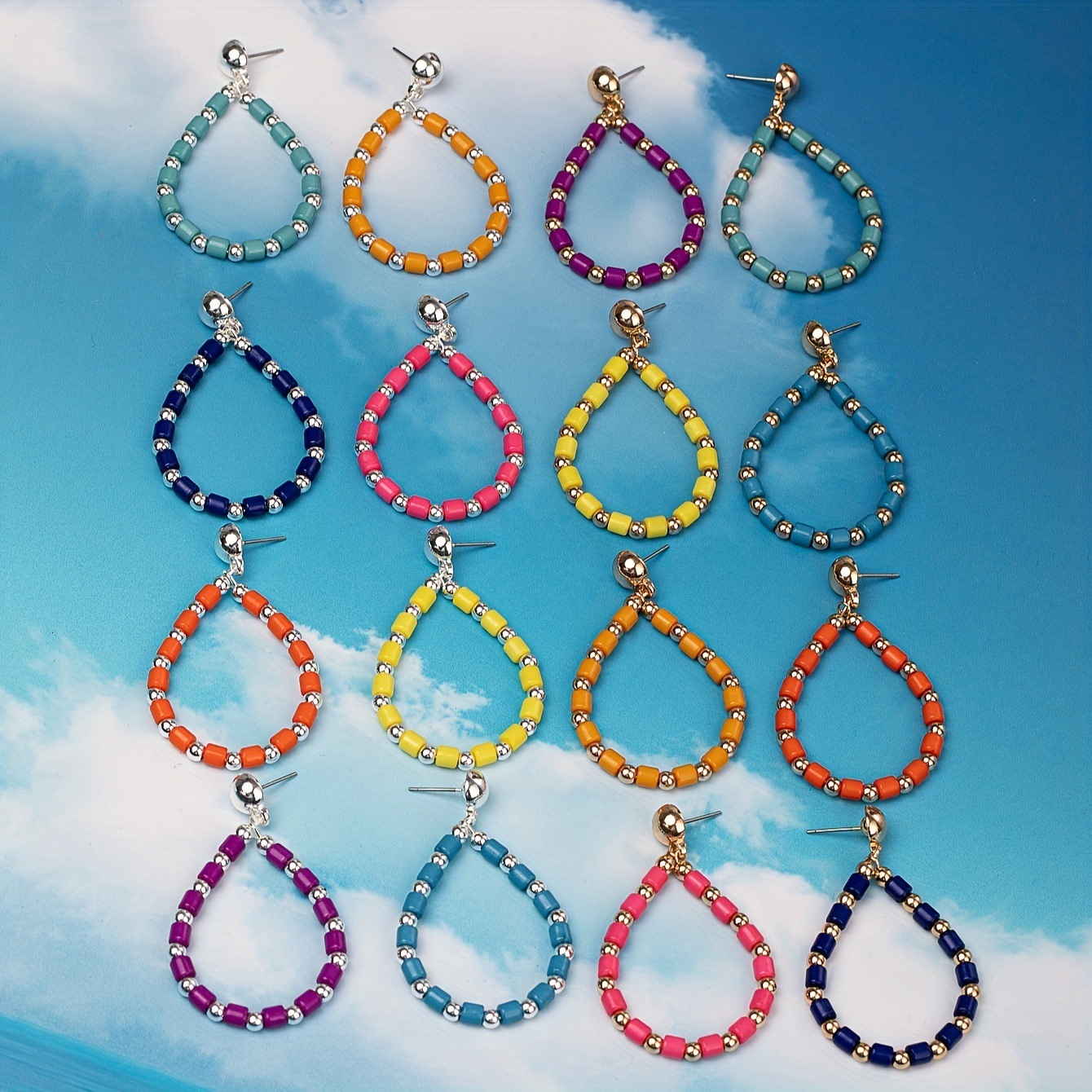 A Of 16 Pairs Colorful Beaded Hollow Water Drop Shaped Dangle For Women Party Earrings Set