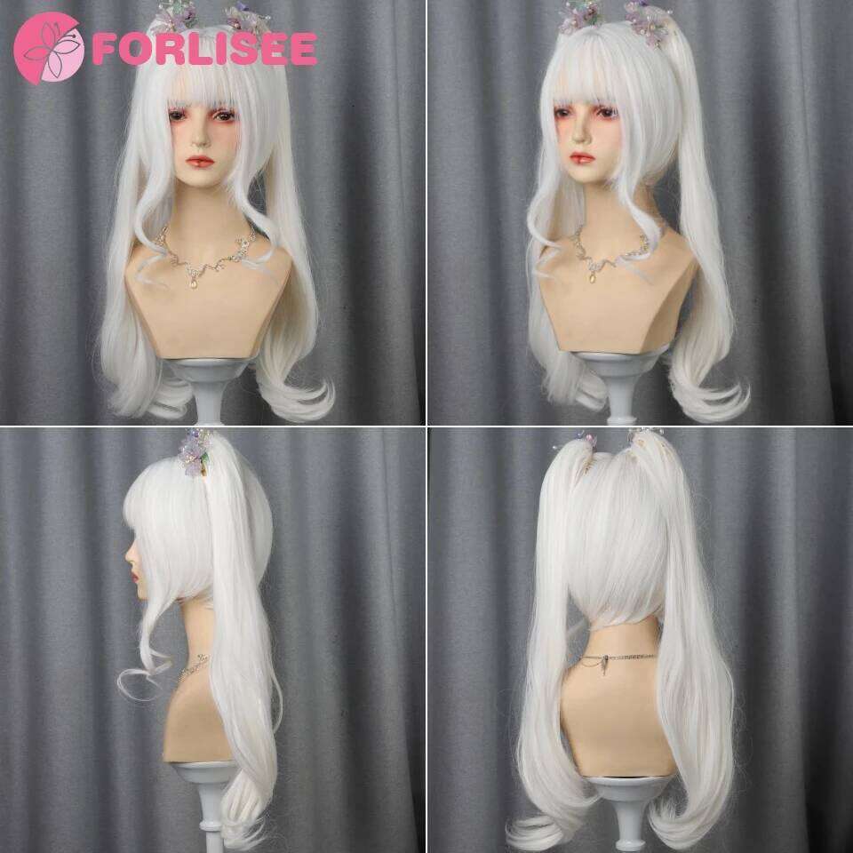 FORLI White Twin Ponytail Princess Cut Natural Short Synthetic Wigs With Bangs For Women Heat Resistant Cosplay Lolita Hair