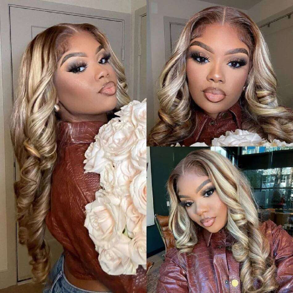 4/613 Highlight Body Wave Front Blonde Colored Human Hair Wigs For Women Pre Plucked 13x4 Lace Frontal Wig