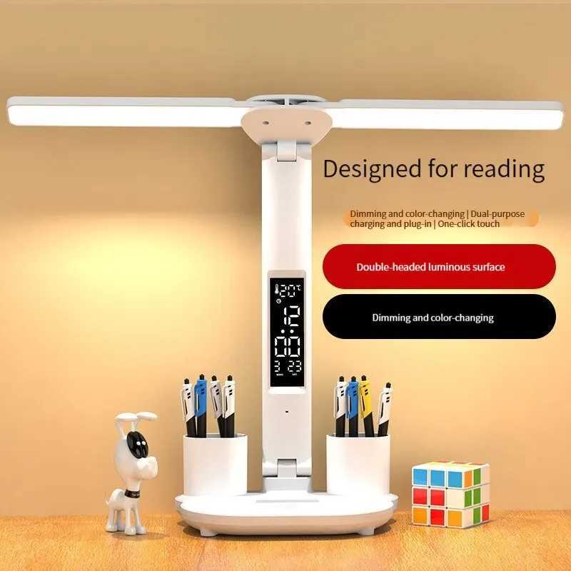 LED Clock Desk Lamp USB Rechargeable/Plug-in Dimmable Desk Lamp 2 Heads 180 Rotatable Foldable Eye Protection Reading Night Light XJ250703