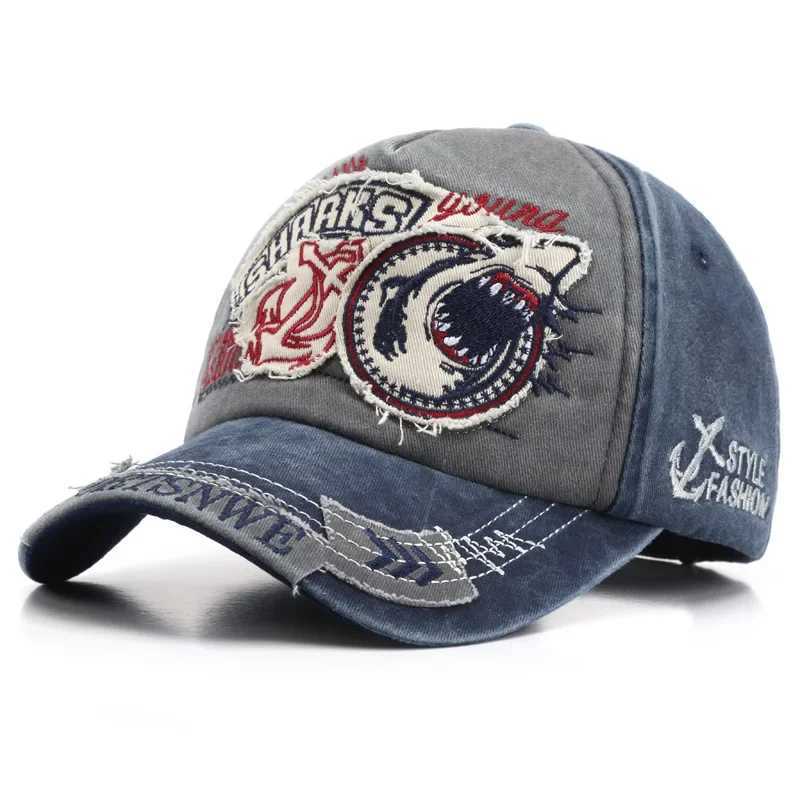 Retro Shark Embroidered Baseball Caps Bone Solid Cartoon Men Wen Cotton Stretch Hip Hop Streetwear Sun Hats X250704