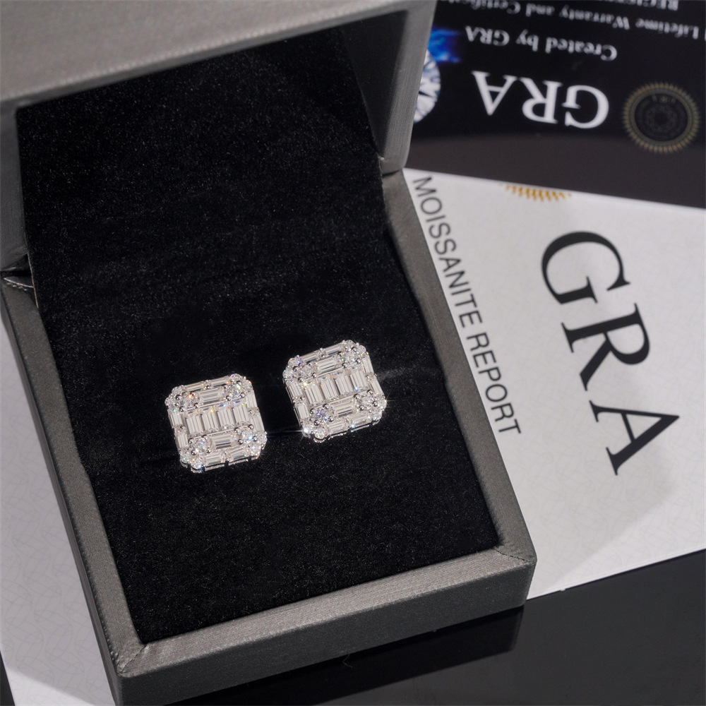 Hip Hop Style Baguette Moissanite Square Shape 925 Silver Mens VVS Diamond Stud Earrings