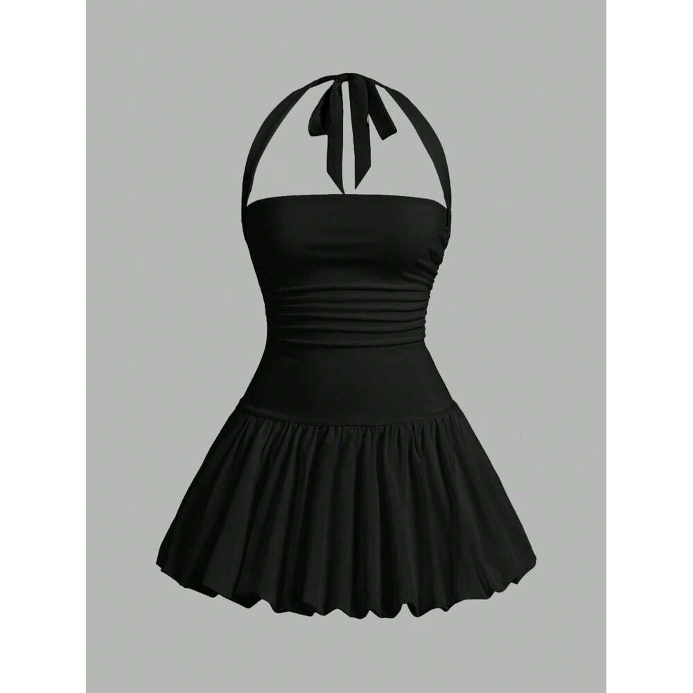 European and American Women's Summer Sexy Street Solid Color Back Tie Strap Sleeveless Halter Birthday Party Dress 2025 New Casual Versatile Fash