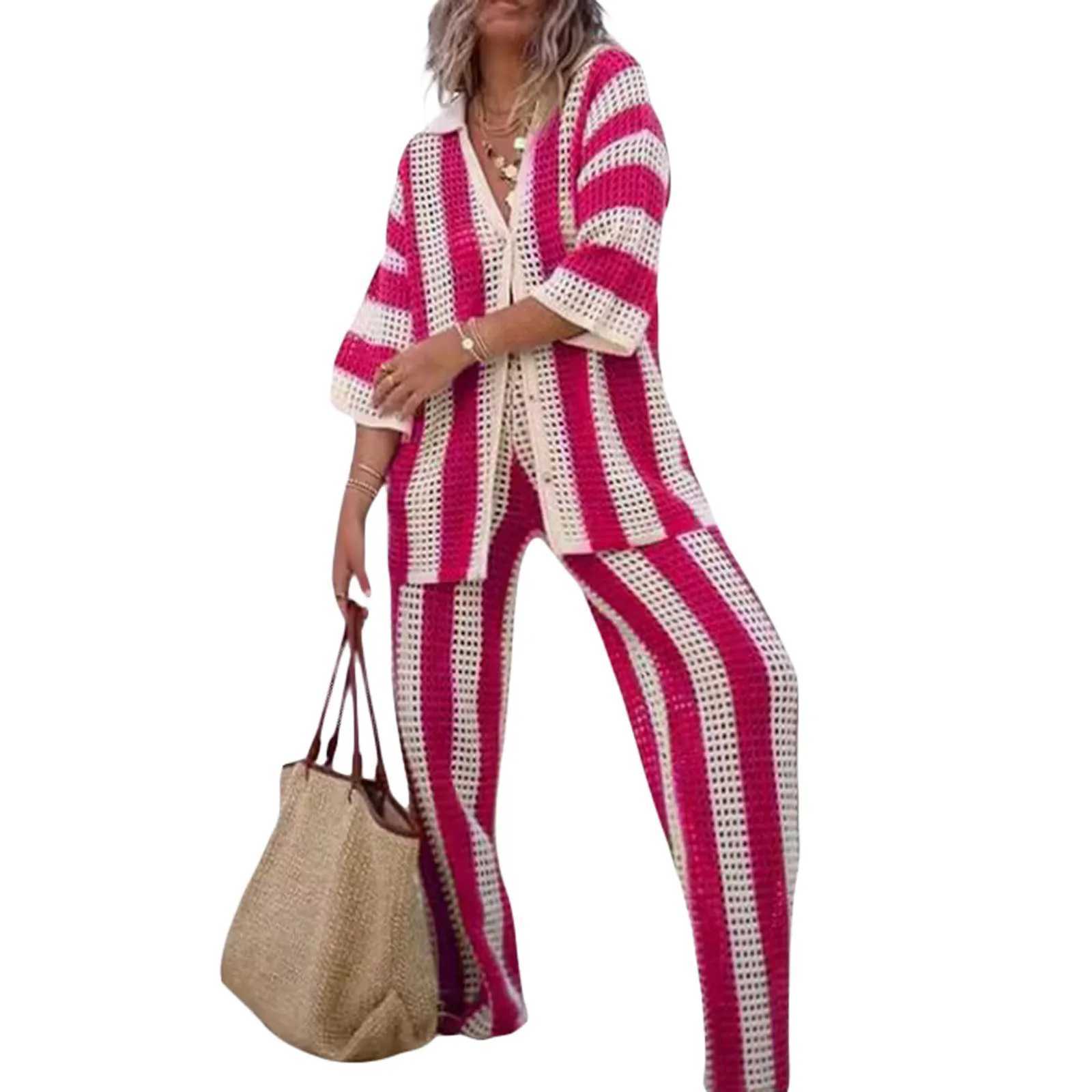 Fashion Beach Casual Women Suit Sexy Spring Summer Hollow Out V Neck Half Slves Wide Leg Pants Sets Stripe Shirts Pant Sets X250704