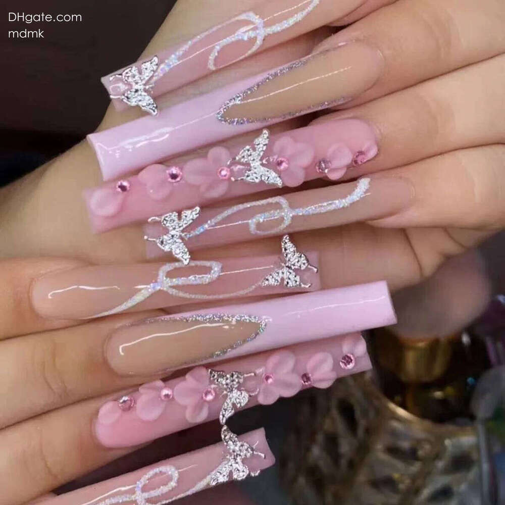 24Pcs Long Coffin False Pink French Flowers Design Fake Nail with Butterfly Rhinestone Wearable Ballet Press on Nails X250704