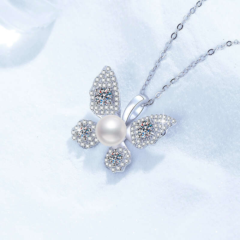 S925 Pure S925ier MoiS925S925anite Necklace Natural FreS925hwater Pearl High-end Butterfly Pendant 861