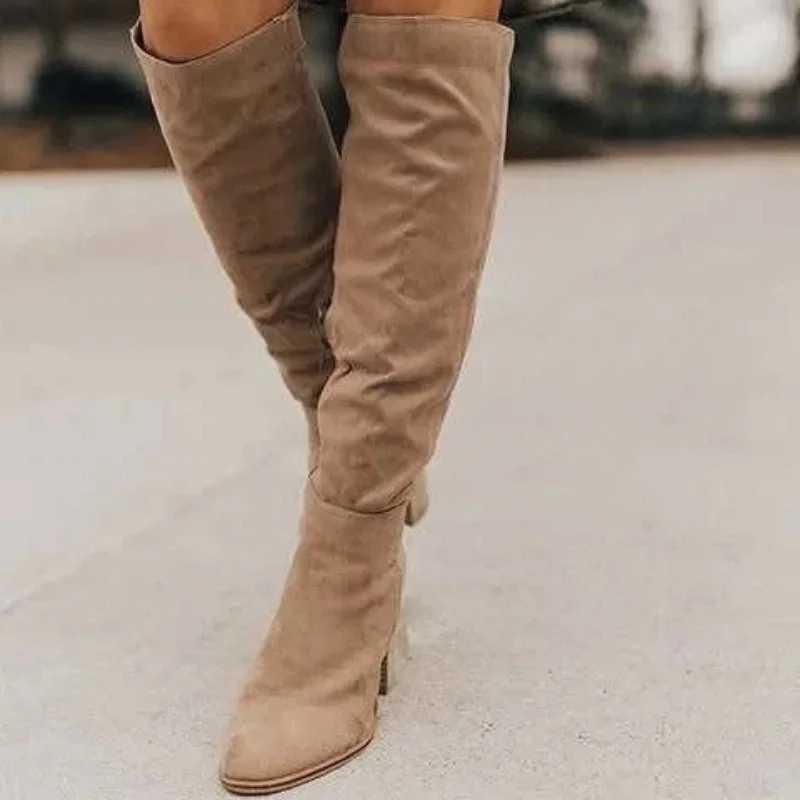 Knee High Boots Women 2025 New Thick Heel High Heel Small Person Show Thin Suede Boots Women Side Zipper Boots Brown Long Boots Z250704
