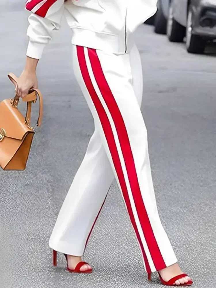 Missuoo 2024 Autumn New Side-Striped Pant Sets for Women Stand Collar Long Slve Jackets and High Waist Casual Straight Pants X250704