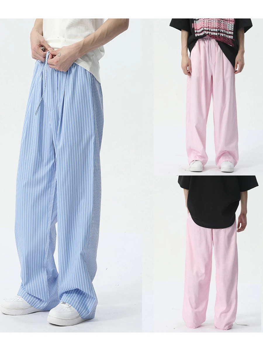 Men Striped Pants Elastic Waist Drawstring Casual Pants Loose Trousers for Daily Street 250704