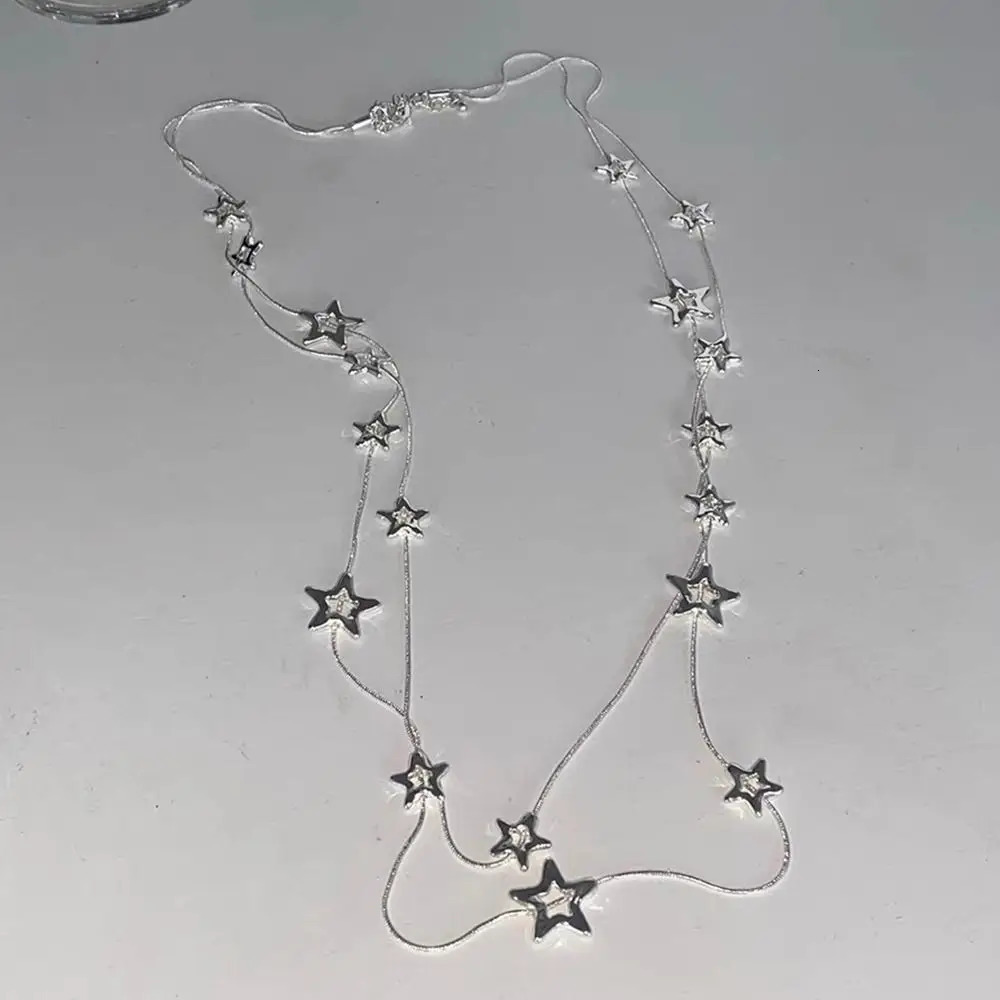 Alloy Pentagram Star Pendant Silver Color Punk Long Chain Necklace Double Layer Y2K Style Choker 250701