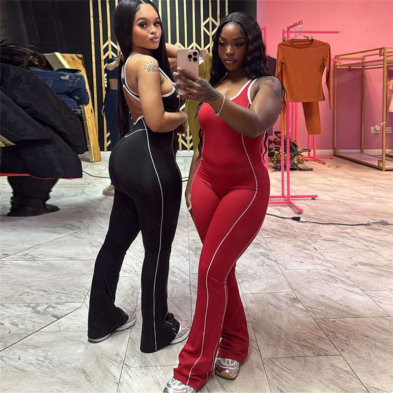 European and American Summer Fashion Backless Slim Fit Color Block Hip-lifting Yoga Casual Jumpsuit for Women 2025 New Elegant Unique Clothing