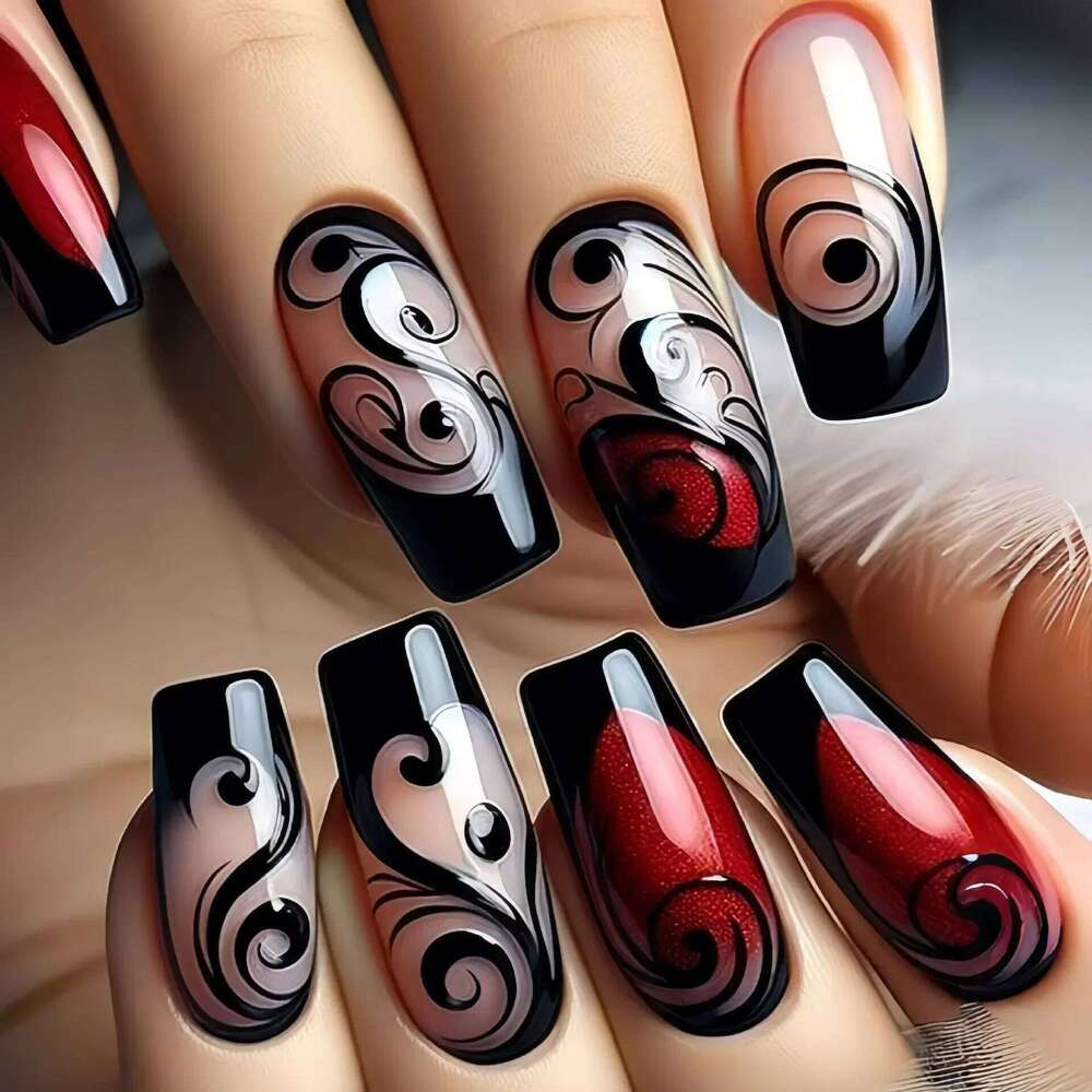 24Pcs Short Square Sweet Cool False Black Flower Wearable French Nails Press on Detachable Autumn Winter Acrylic Nail Tips X250704